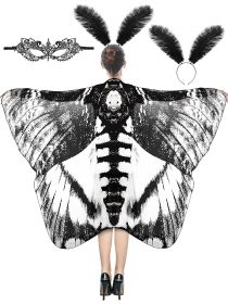 3 Pcs Moth Butterfly Wings Cape Set   Costume Moth Wings Moth Cape With Headband Lace Mask For Halloween-Ban On Selling On Amazon (Color: Black)